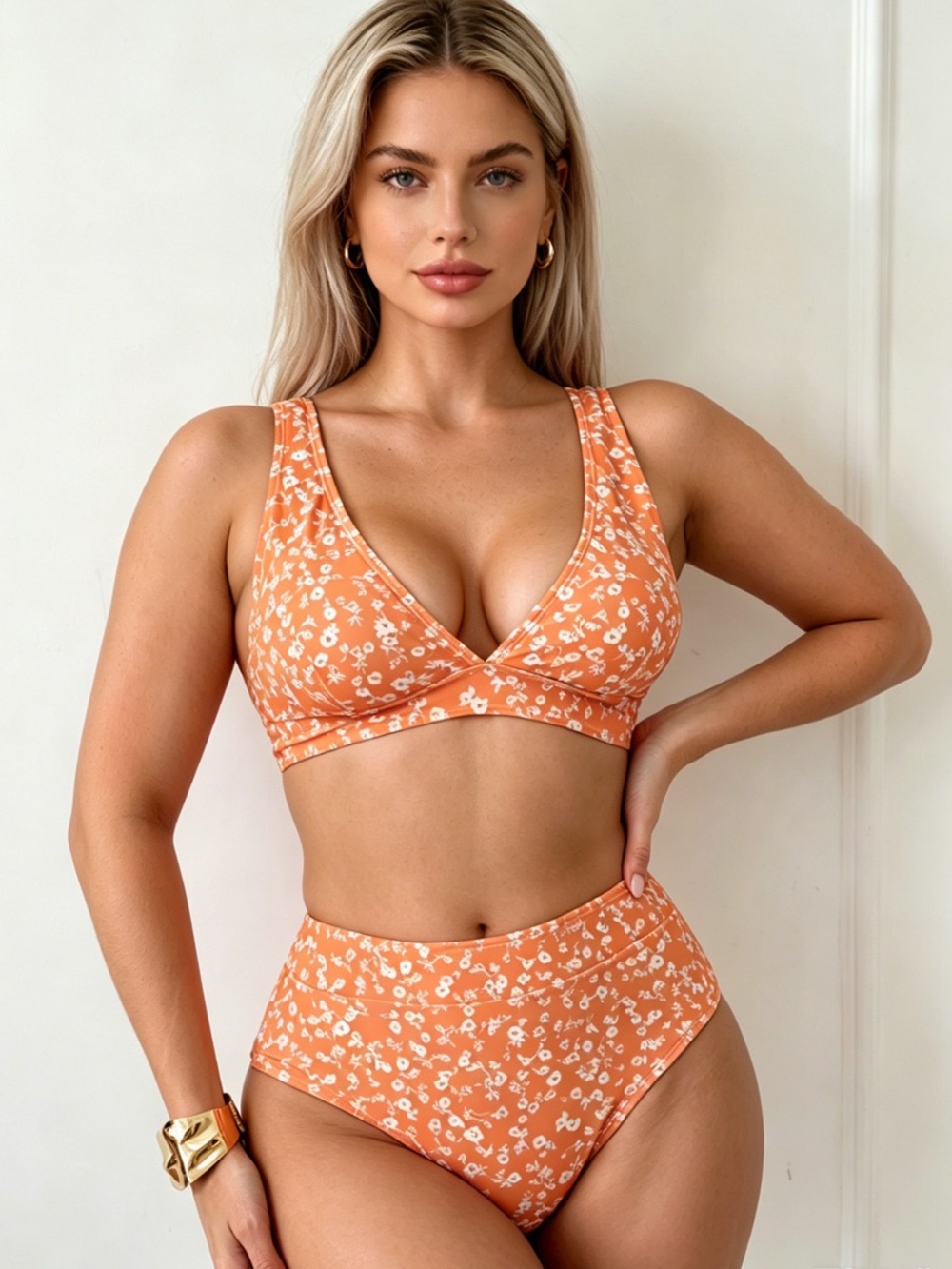 Floral Orange High-Waist Bikini Set